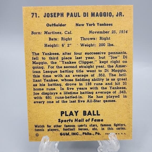 1941 Play Ball Joe DiMaggio Baseball Card Reproduction - Picture 2 of 8
